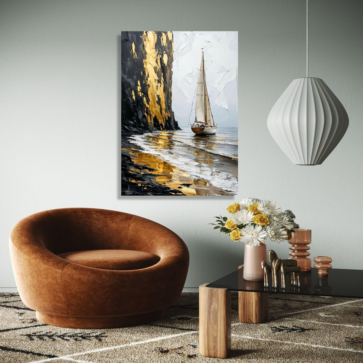 Golden Cliff Sailboat Canvas, Seascape Wall Art, Abstract Ocean Painting, Nautical Home Decor, Canvas Art, Ready Gift Art, Home Decor, Print