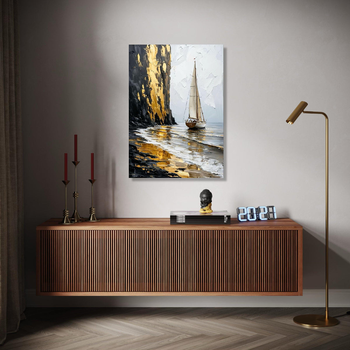Golden Cliff Sailboat Canvas, Seascape Wall Art, Abstract Ocean Painting, Nautical Home Decor, Canvas Art, Ready Gift Art, Home Decor, Print