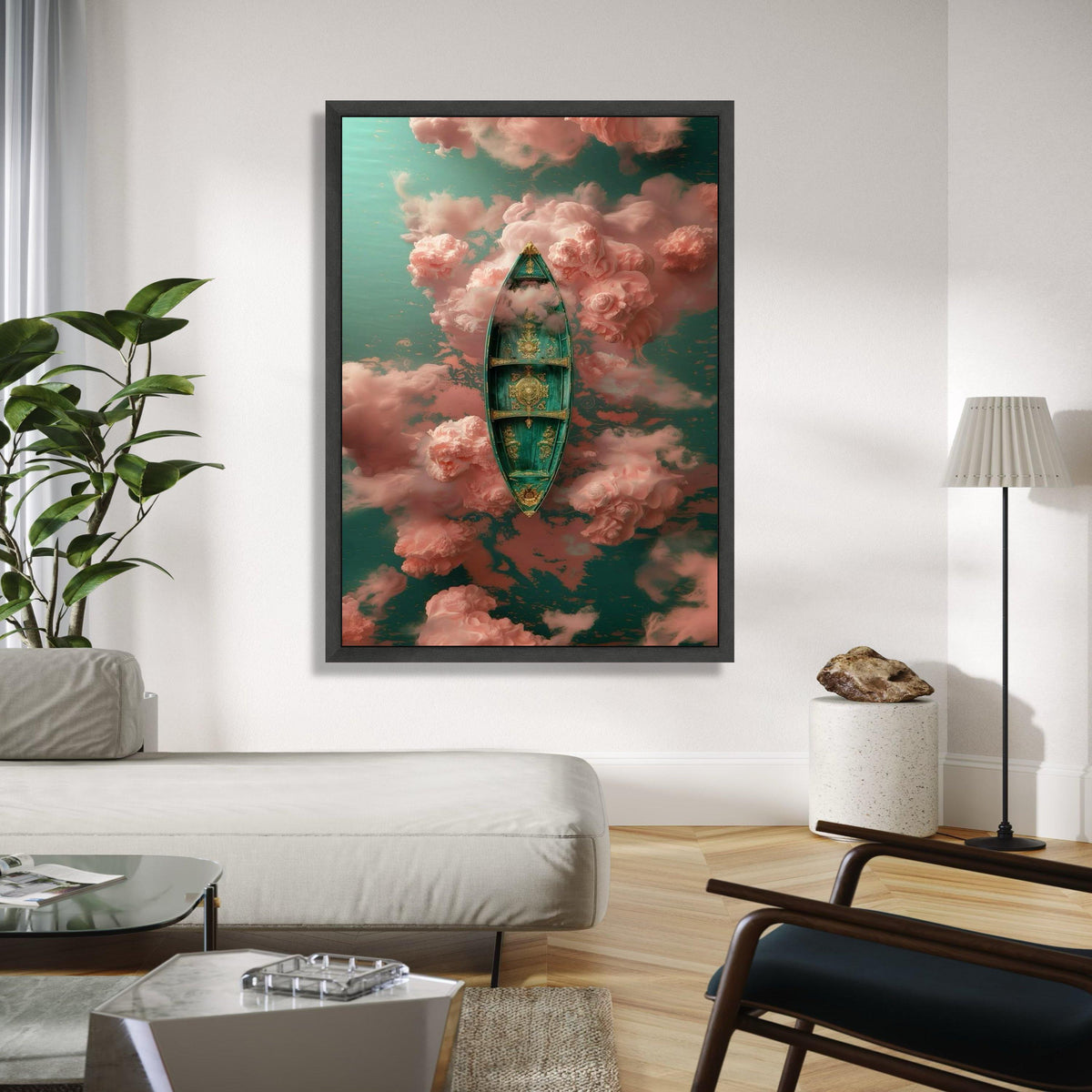 Ornate Venetian Gondola Canvas Art, Dreamy Pink Clouds, Surreal Water Scene, Elegant Boat Wall Decor, Fantasy Gift Art, Home Decor, Print