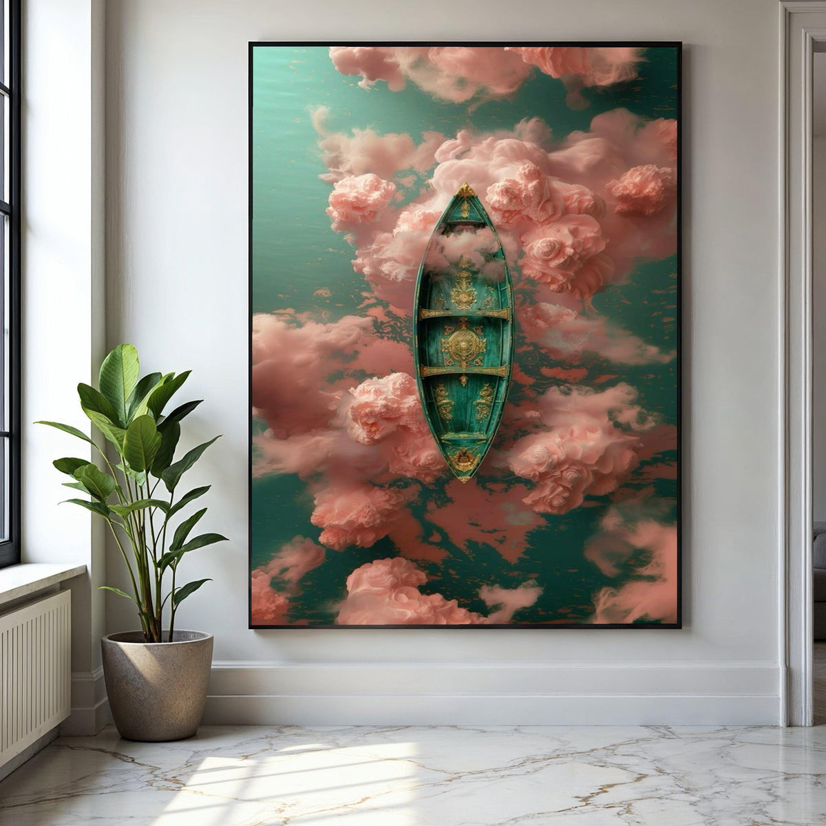 Ornate Venetian Gondola Canvas Art, Dreamy Pink Clouds, Surreal Water Scene, Elegant Boat Wall Decor, Fantasy Gift Art, Home Decor, Print