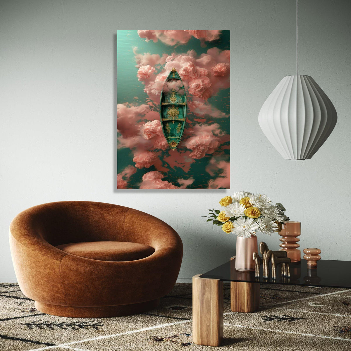 Ornate Venetian Gondola Canvas Art, Dreamy Pink Clouds, Surreal Water Scene, Elegant Boat Wall Decor, Fantasy Gift Art, Home Decor, Print