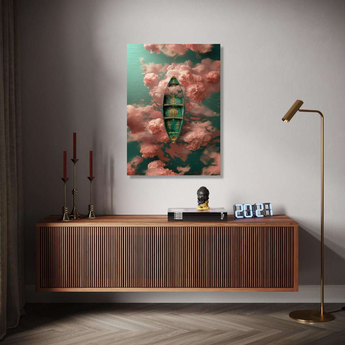 Ornate Venetian Gondola Canvas Art, Dreamy Pink Clouds, Surreal Water Scene, Elegant Boat Wall Decor, Fantasy Gift Art, Home Decor, Print