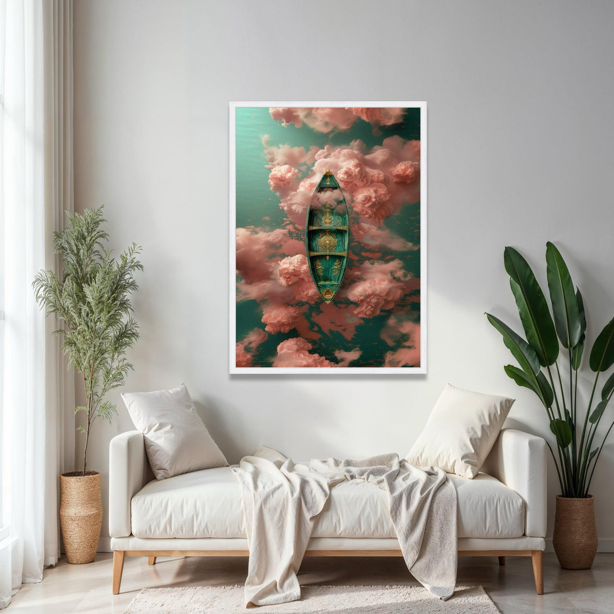 Ornate Venetian Gondola Canvas Art, Dreamy Pink Clouds, Surreal Water Scene, Elegant Boat Wall Decor, Fantasy Gift Art, Home Decor, Print