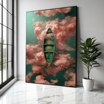 Ornate Venetian Gondola Canvas Art, Dreamy Pink Clouds, Surreal Water Scene, Elegant Boat Wall Decor, Fantasy Gift Art, Home Decor, Print