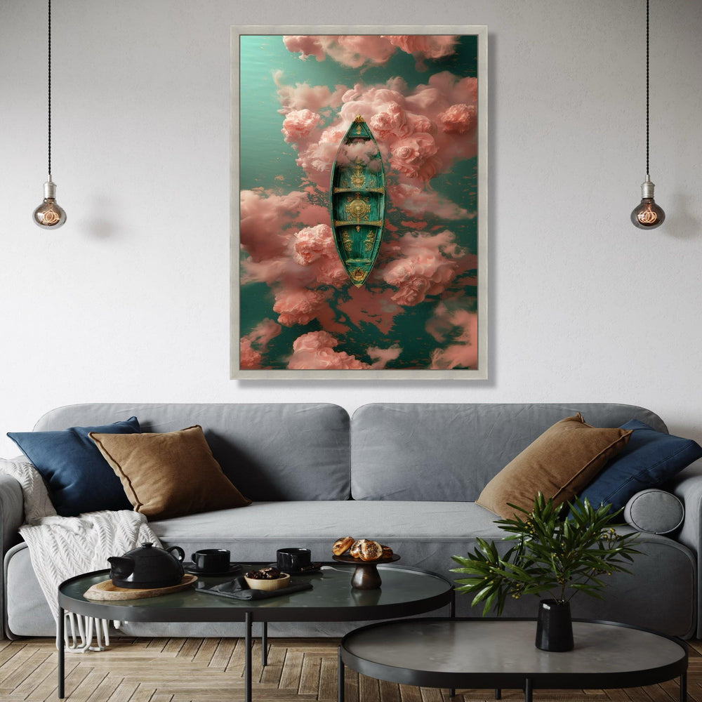 Ornate Venetian Gondola Canvas Art, Dreamy Pink Clouds, Surreal Water Scene, Elegant Boat Wall Decor, Fantasy Gift Art, Home Decor, Print