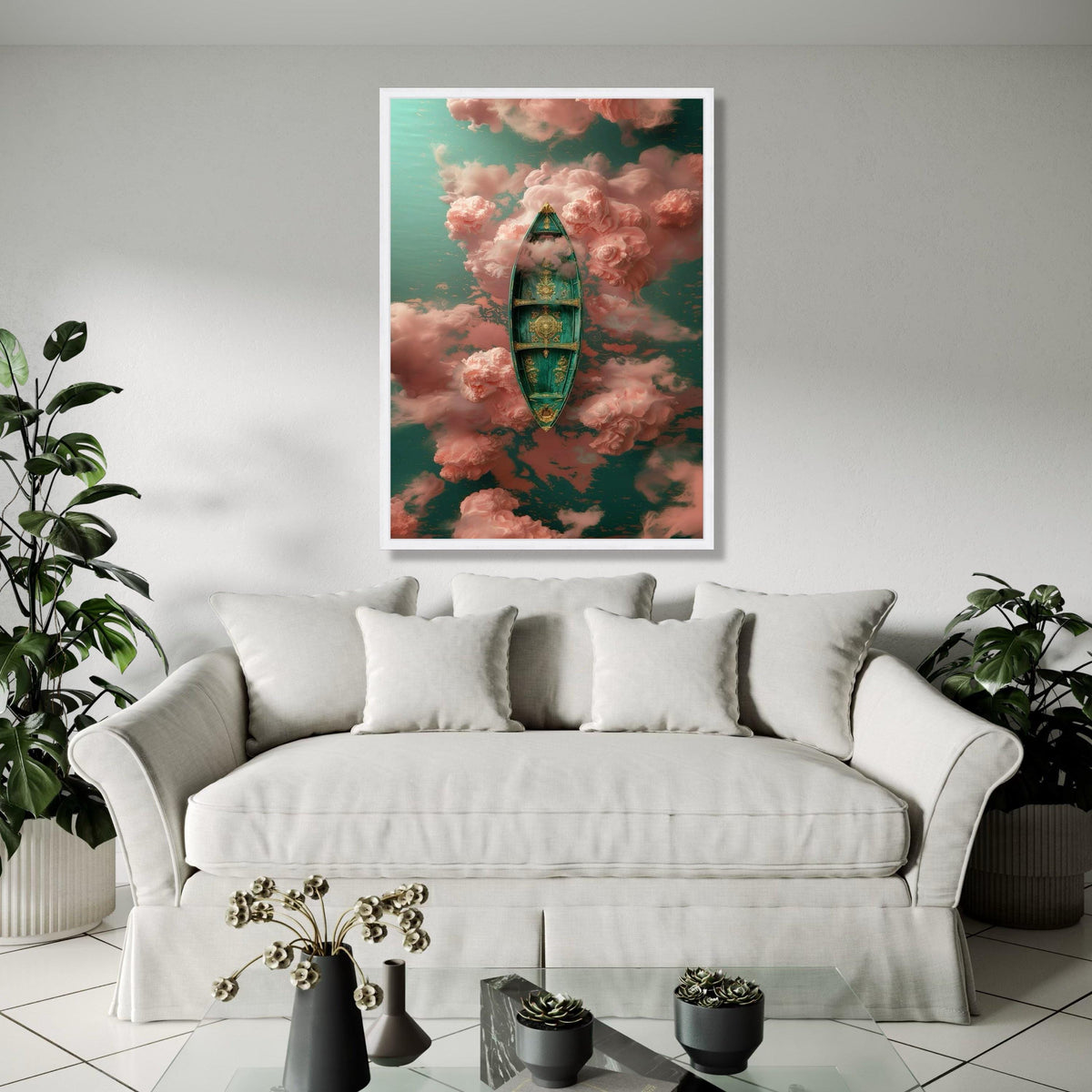 Ornate Venetian Gondola Canvas Art, Dreamy Pink Clouds, Surreal Water Scene, Elegant Boat Wall Decor, Fantasy Gift Art, Home Decor, Print