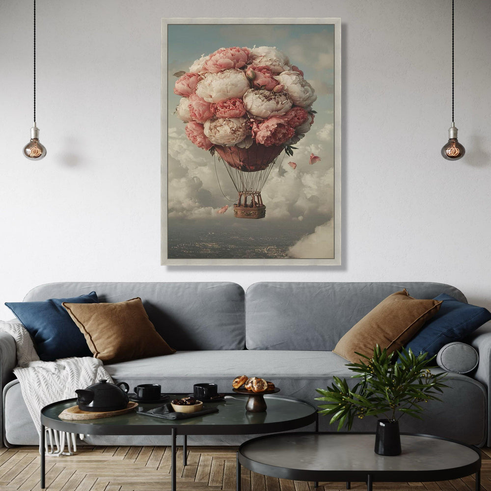 Romantic Peony Hot Air Balloon Canvas, Floral Balloon Wall Art, Vintage Sky Landscape, Dreamy Home Decor, Gift Art, Home Decor, Print