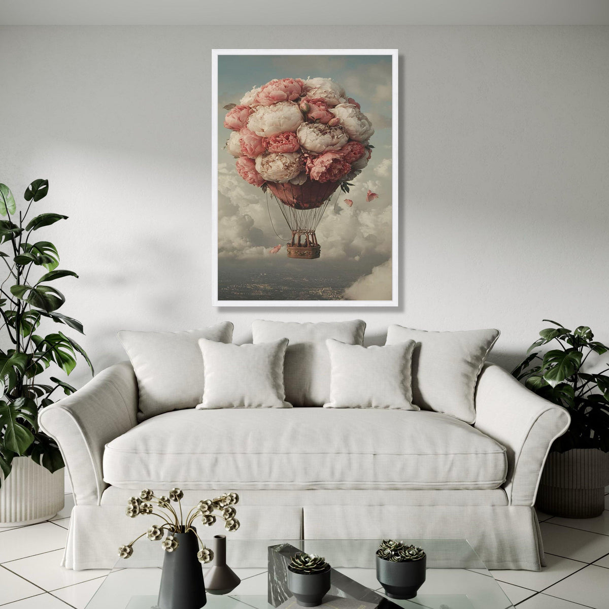 Romantic Peony Hot Air Balloon Canvas, Floral Balloon Wall Art, Vintage Sky Landscape, Dreamy Home Decor, Gift Art, Home Decor, Print