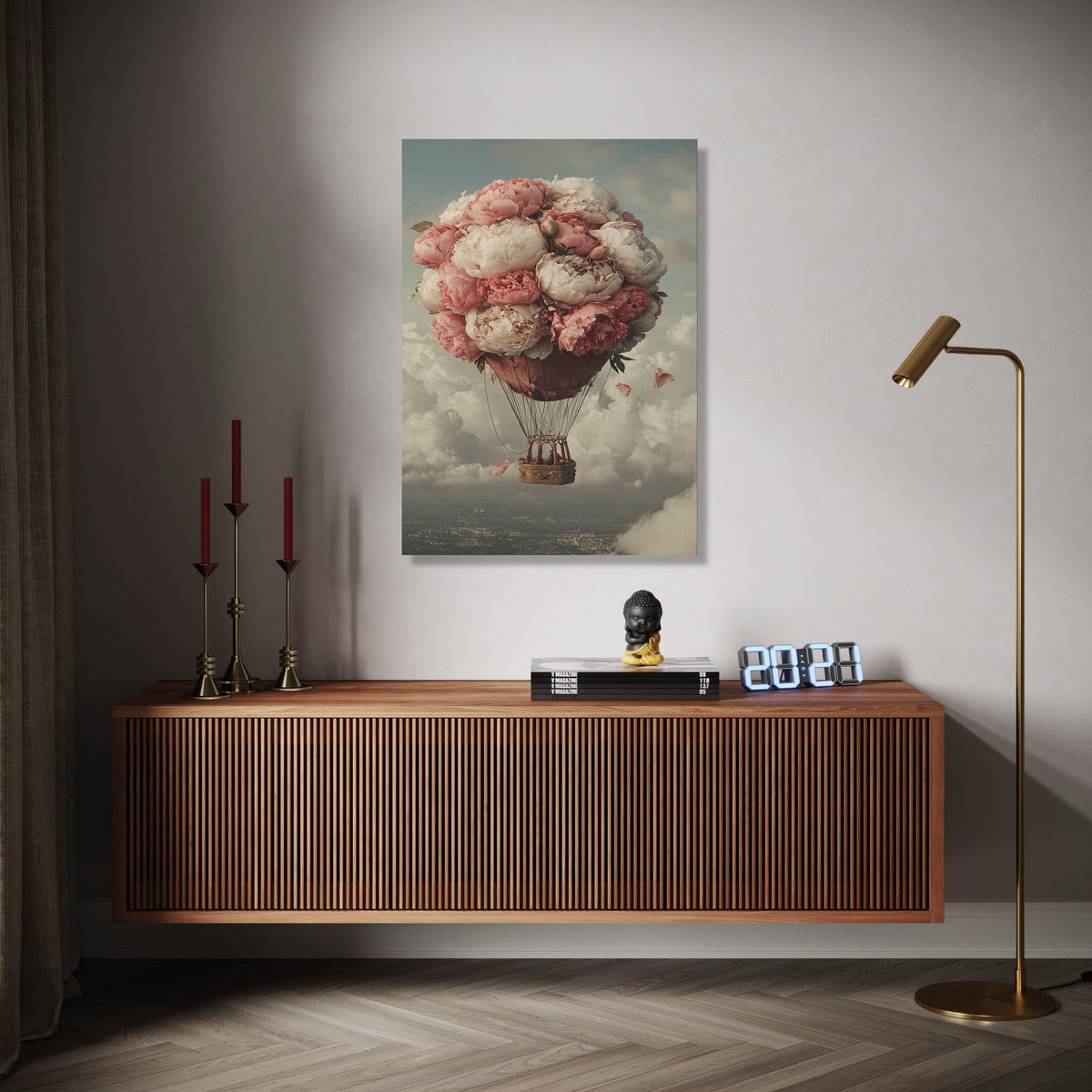 Romantic Peony Hot Air Balloon Canvas, Floral Balloon Wall Art, Vintage Sky Landscape, Dreamy Home Decor, Gift Art, Home Decor, Print