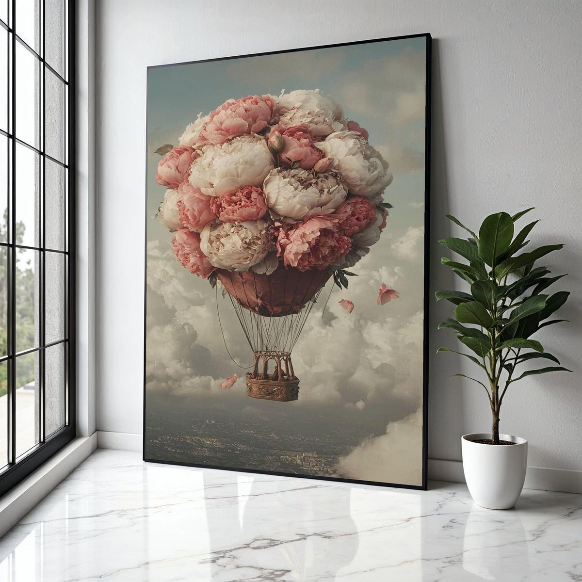 Romantic Peony Hot Air Balloon Canvas, Floral Balloon Wall Art, Vintage Sky Landscape, Dreamy Home Decor, Gift Art, Home Decor, Print