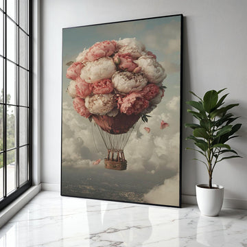 Romantic Peony Hot Air Balloon Canvas, Floral Balloon Wall Art, Vintage Sky Landscape, Dreamy Home Decor, Gift Art, Home Decor, Print