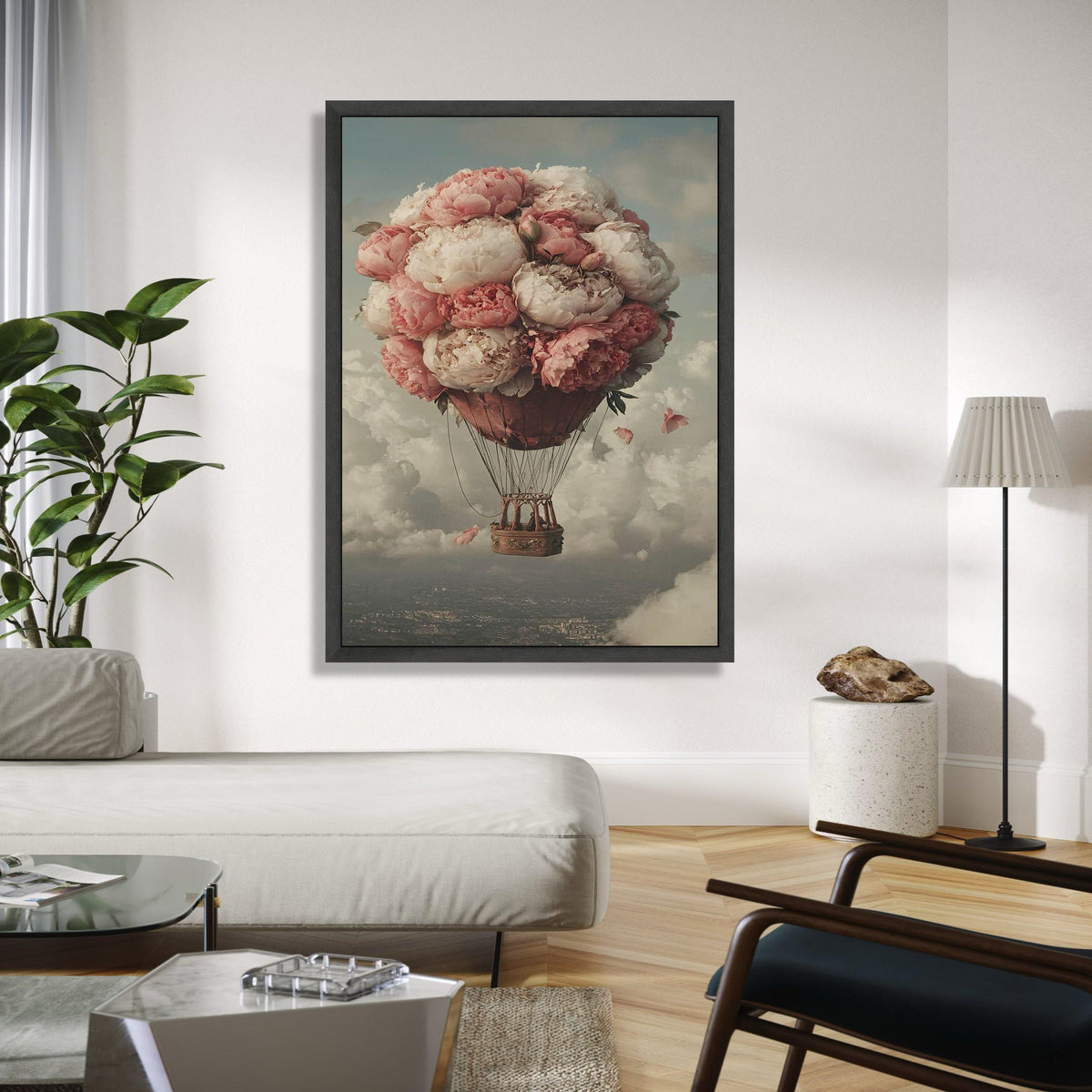 Romantic Peony Hot Air Balloon Canvas, Floral Balloon Wall Art, Vintage Sky Landscape, Dreamy Home Decor, Gift Art, Home Decor, Print