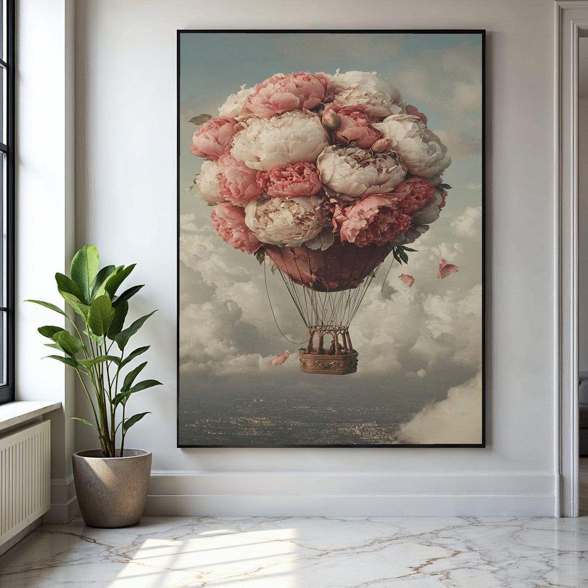 Romantic Peony Hot Air Balloon Canvas, Floral Balloon Wall Art, Vintage Sky Landscape, Dreamy Home Decor, Gift Art, Home Decor, Print