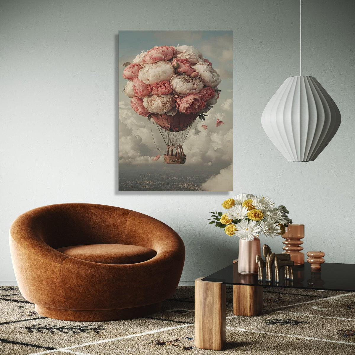 Romantic Peony Hot Air Balloon Canvas, Floral Balloon Wall Art, Vintage Sky Landscape, Dreamy Home Decor, Gift Art, Home Decor, Print
