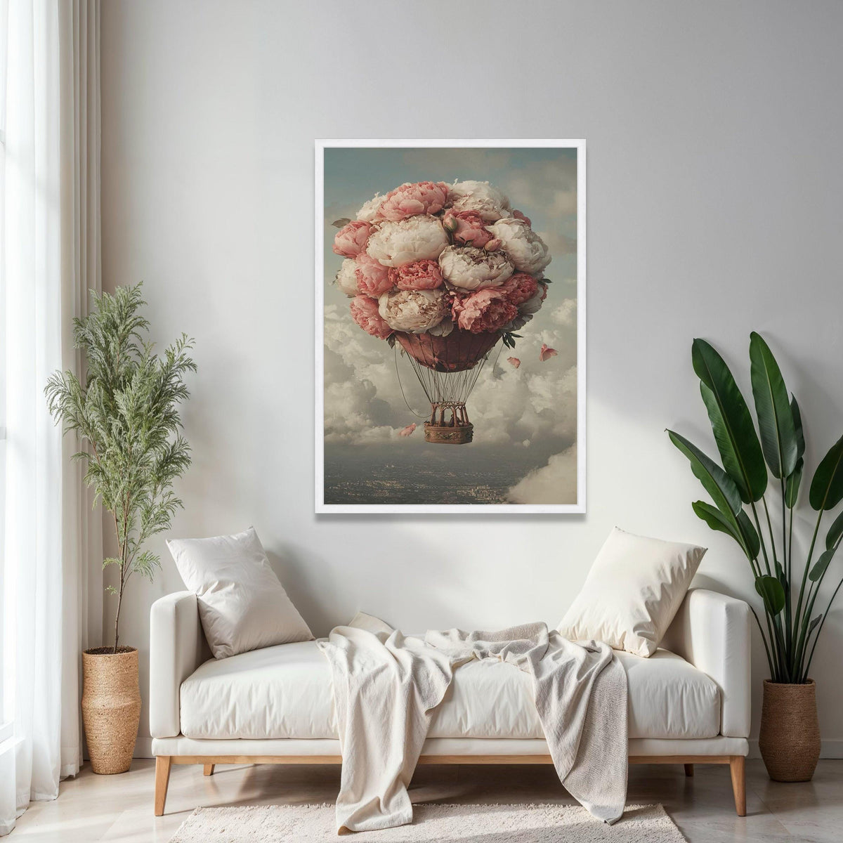 Romantic Peony Hot Air Balloon Canvas, Floral Balloon Wall Art, Vintage Sky Landscape, Dreamy Home Decor, Gift Art, Home Decor, Print
