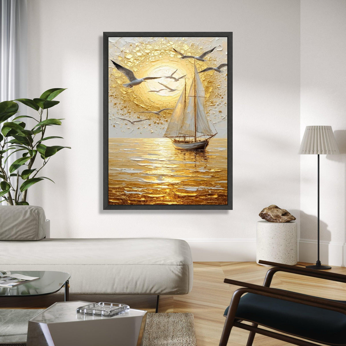 Golden Sunset Sailboat Canvas, Seagulls Flying Wall Art, Ocean Landscape, Nautical Home Decor, Seascape Canvas Gift Art, Home Decor, Print