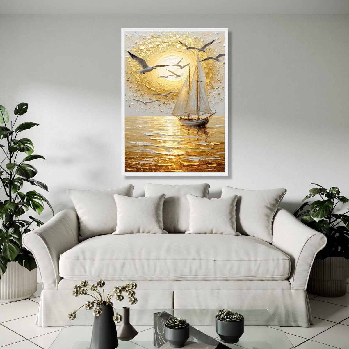 Golden Sunset Sailboat Canvas, Seagulls Flying Wall Art, Ocean Landscape, Nautical Home Decor, Seascape Canvas Gift Art, Home Decor, Print