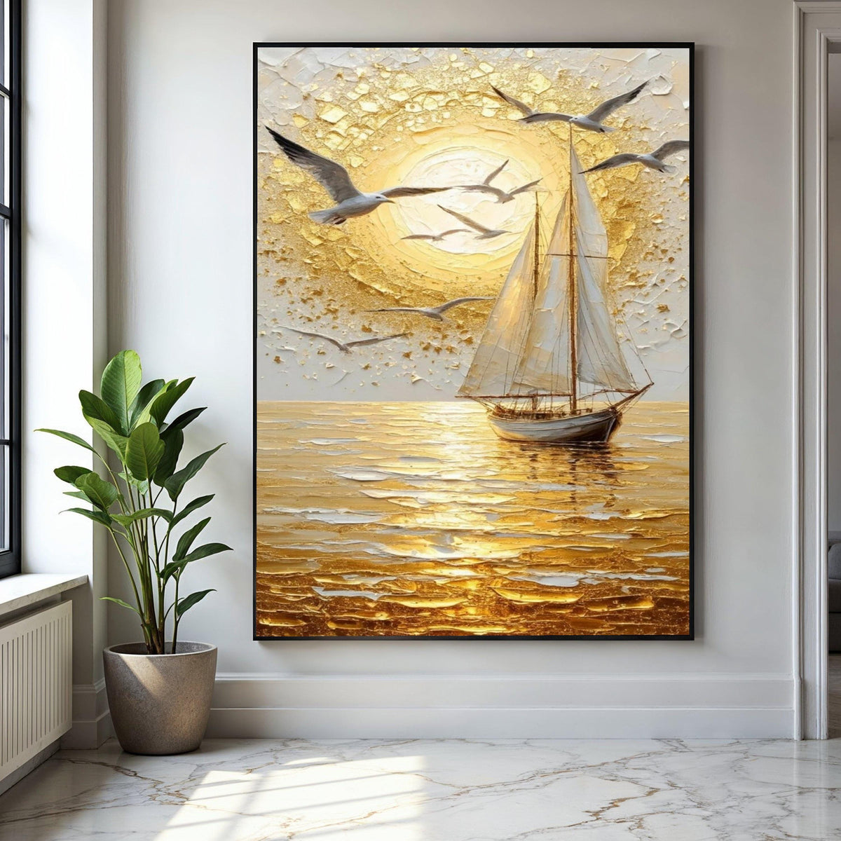 Golden Sunset Sailboat Canvas, Seagulls Flying Wall Art, Ocean Landscape, Nautical Home Decor, Seascape Canvas Gift Art, Home Decor, Print