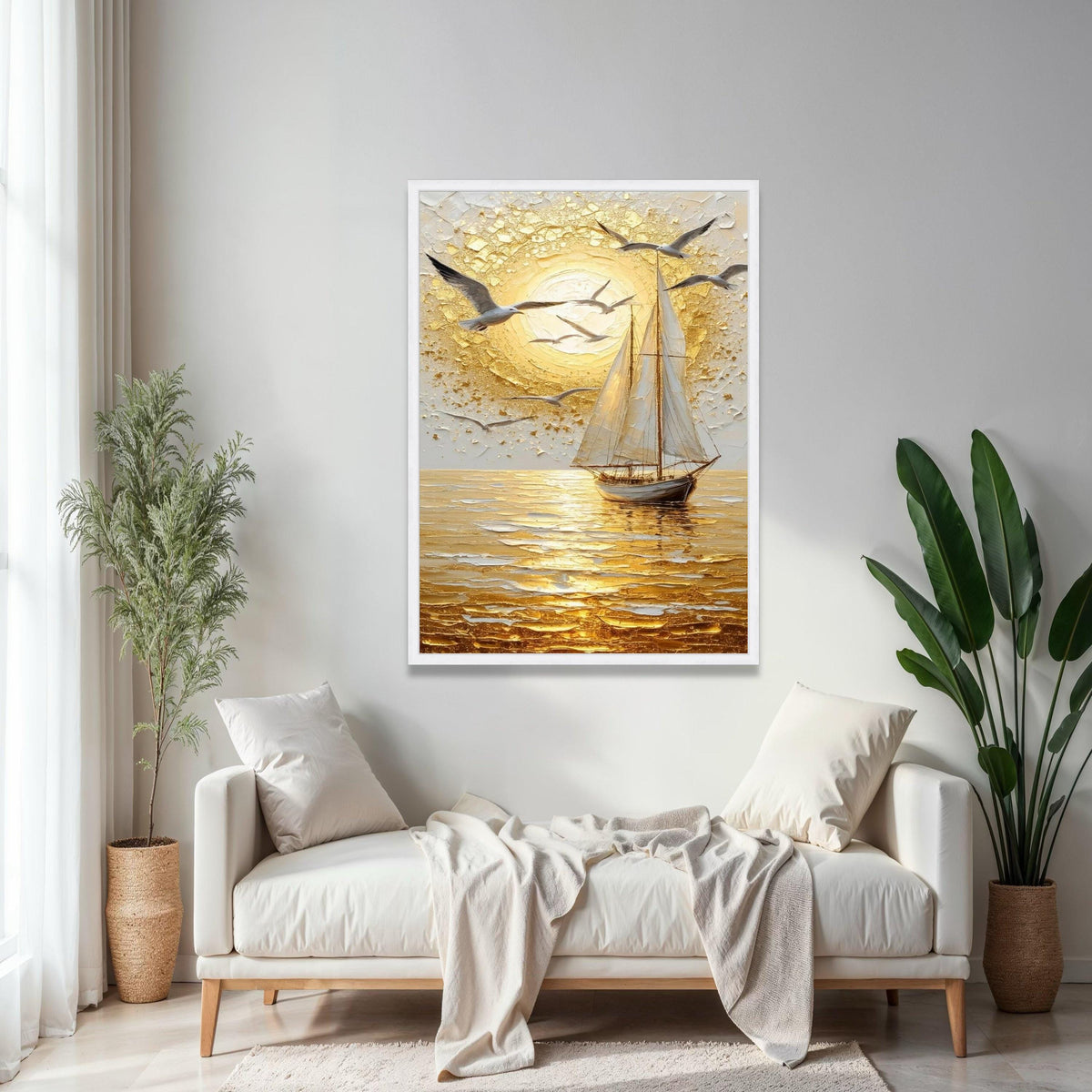 Golden Sunset Sailboat Canvas, Seagulls Flying Wall Art, Ocean Landscape, Nautical Home Decor, Seascape Canvas Gift Art, Home Decor, Print