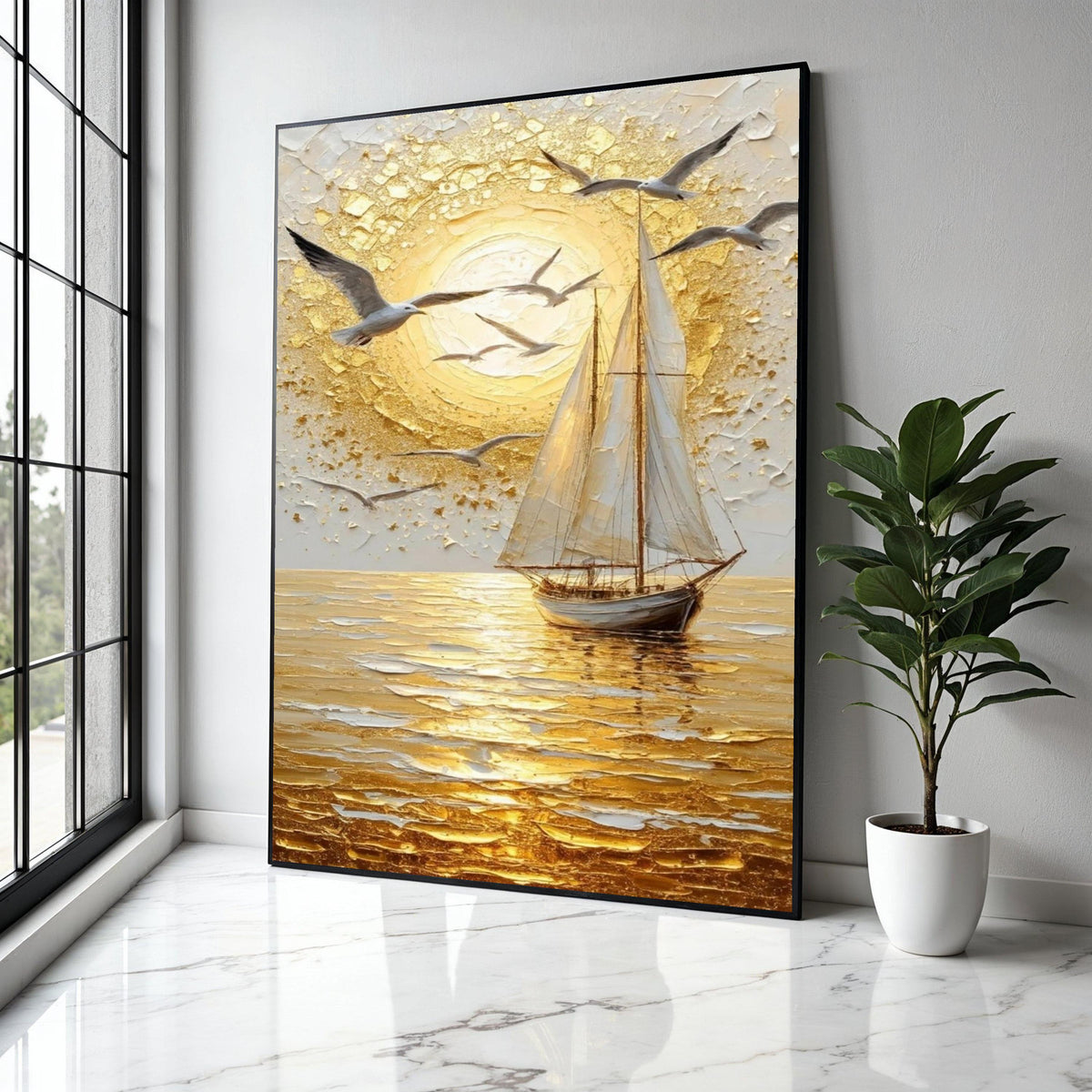 Golden Sunset Sailboat Canvas, Seagulls Flying Wall Art, Ocean Landscape, Nautical Home Decor, Seascape Canvas Gift Art, Home Decor, Print