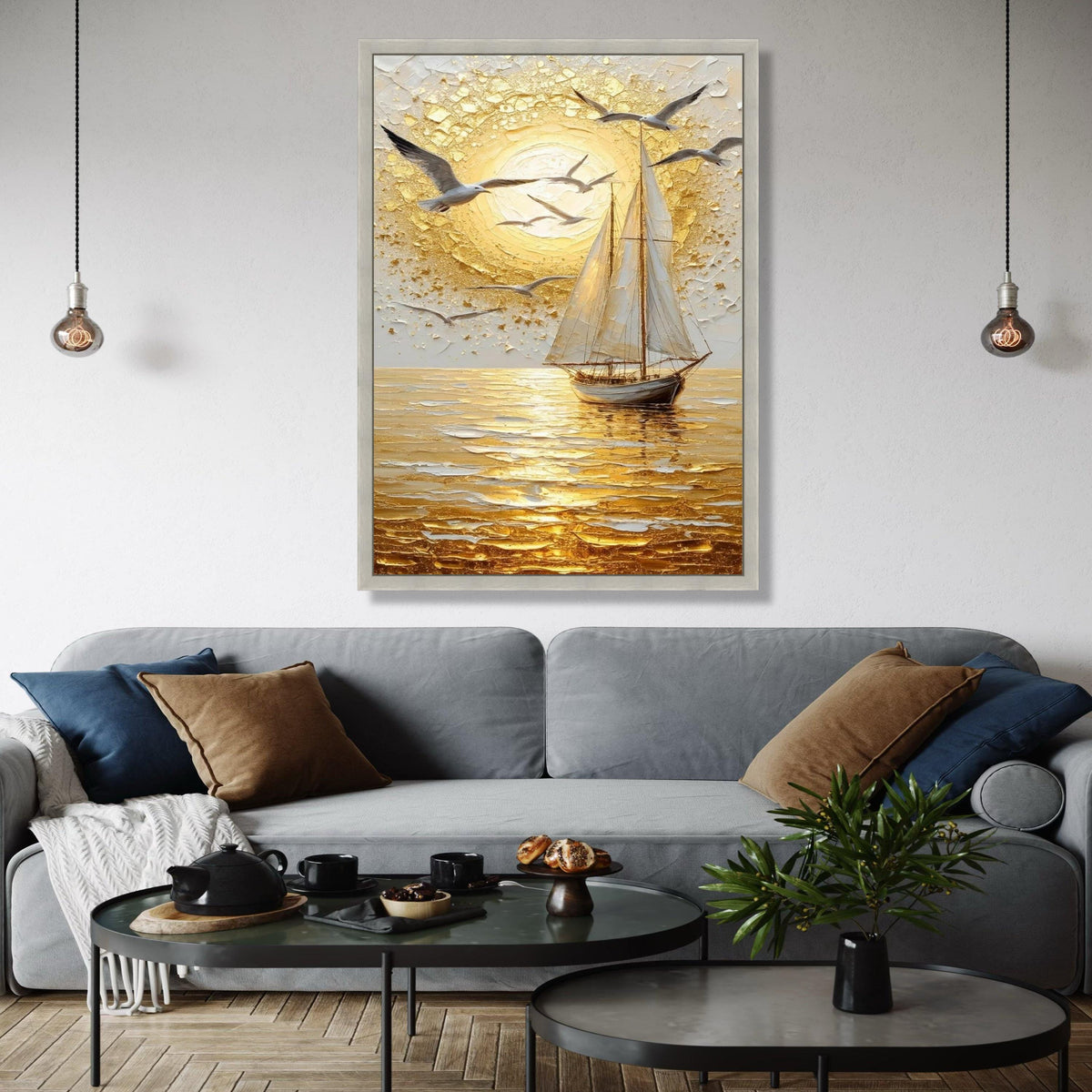 Golden Sunset Sailboat Canvas, Seagulls Flying Wall Art, Ocean Landscape, Nautical Home Decor, Seascape Canvas Gift Art, Home Decor, Print