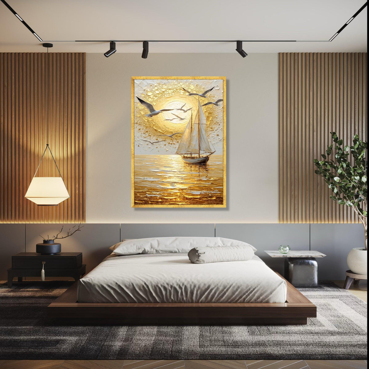 Golden Sunset Sailboat Canvas, Seagulls Flying Wall Art, Ocean Landscape, Nautical Home Decor, Seascape Canvas Gift Art, Home Decor, Print