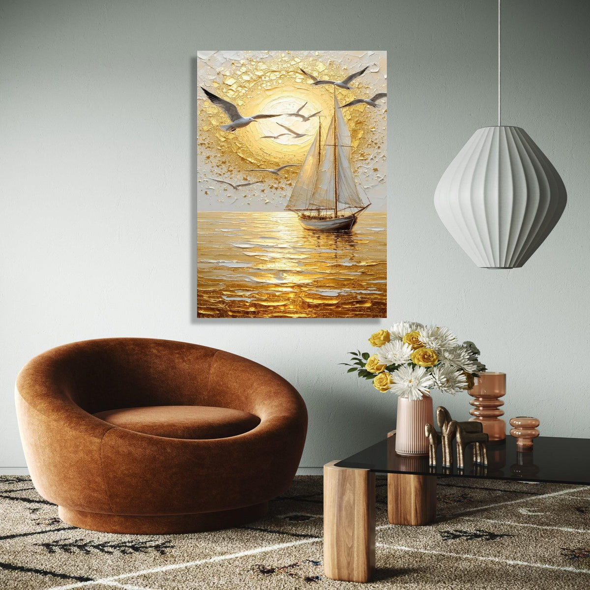 Golden Sunset Sailboat Canvas, Seagulls Flying Wall Art, Ocean Landscape, Nautical Home Decor, Seascape Canvas Gift Art, Home Decor, Print