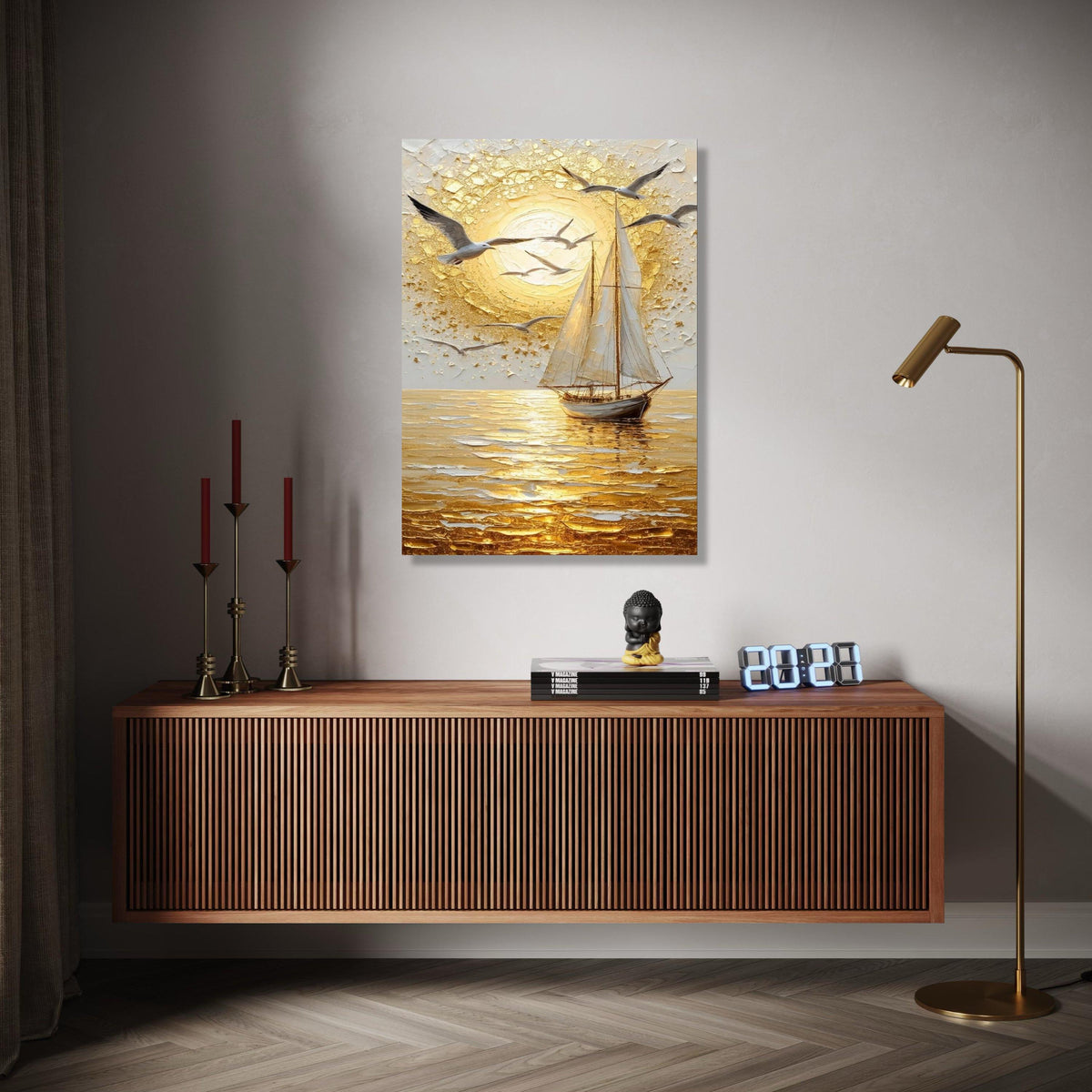 Golden Sunset Sailboat Canvas, Seagulls Flying Wall Art, Ocean Landscape, Nautical Home Decor, Seascape Canvas Gift Art, Home Decor, Print