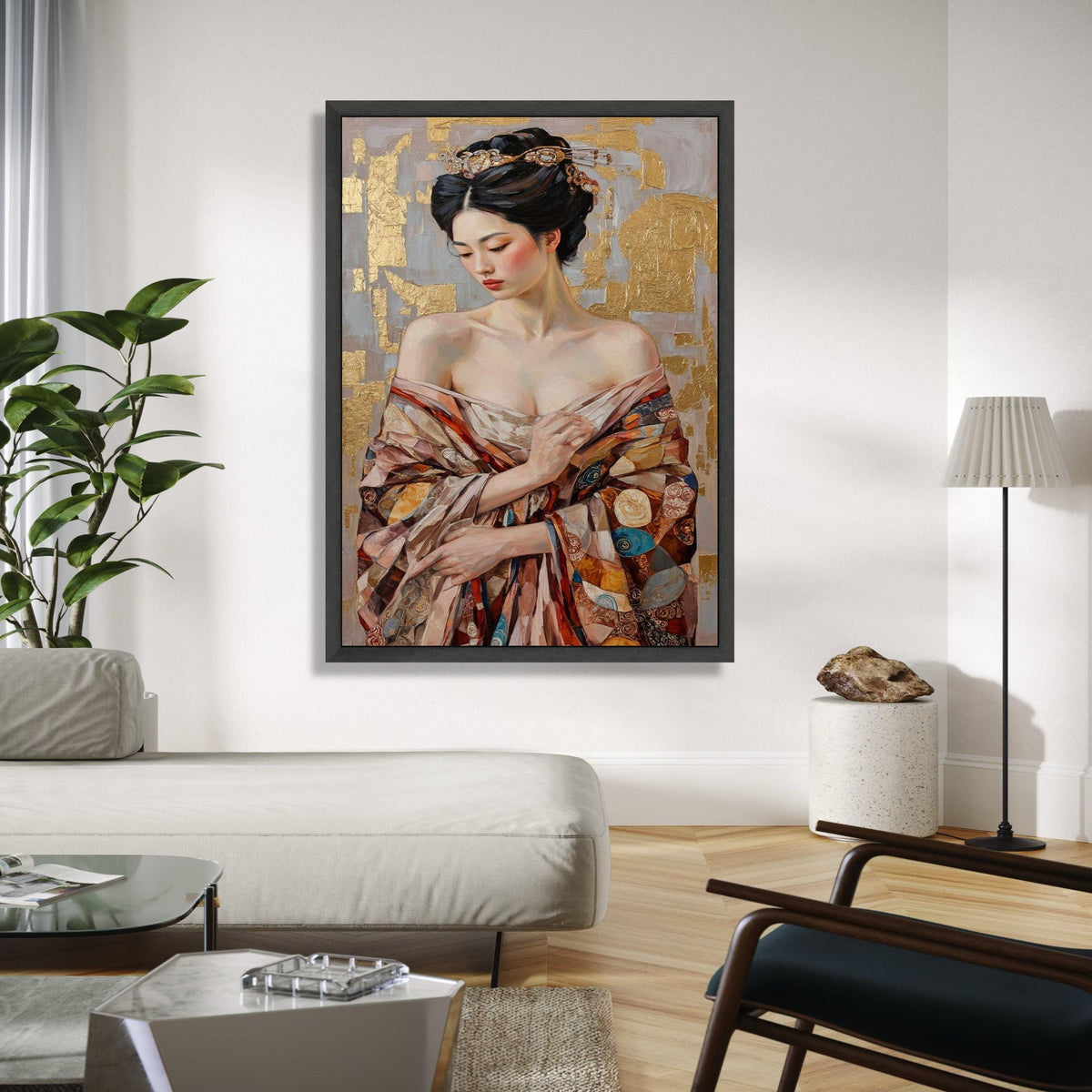 Elegant Asian Woman Portrait Canvas, Gold Leaf Background, Traditional Kimono Wall Art, Feminine Beauty Gift Art, Home Decor, Print