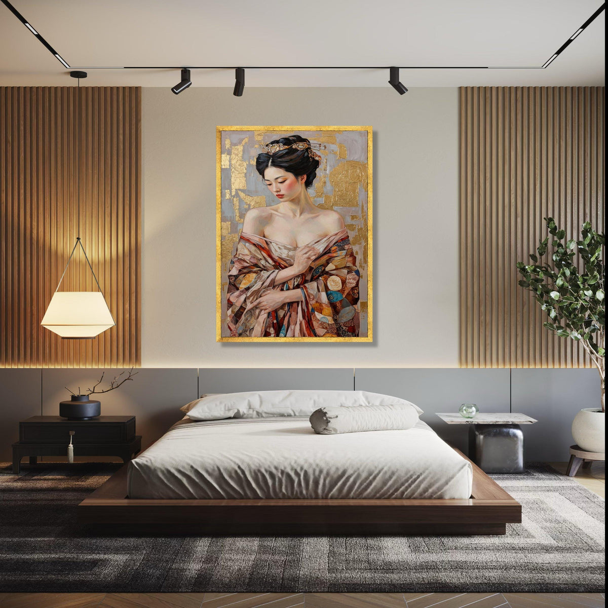 Elegant Asian Woman Portrait Canvas, Gold Leaf Background, Traditional Kimono Wall Art, Feminine Beauty Gift Art, Home Decor, Print