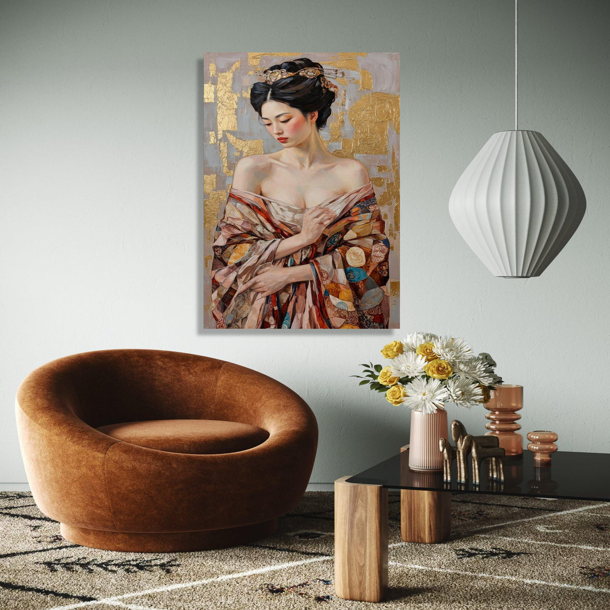 Elegant Asian Woman Portrait Canvas, Gold Leaf Background, Traditional Kimono Wall Art, Feminine Beauty Gift Art, Home Decor, Print