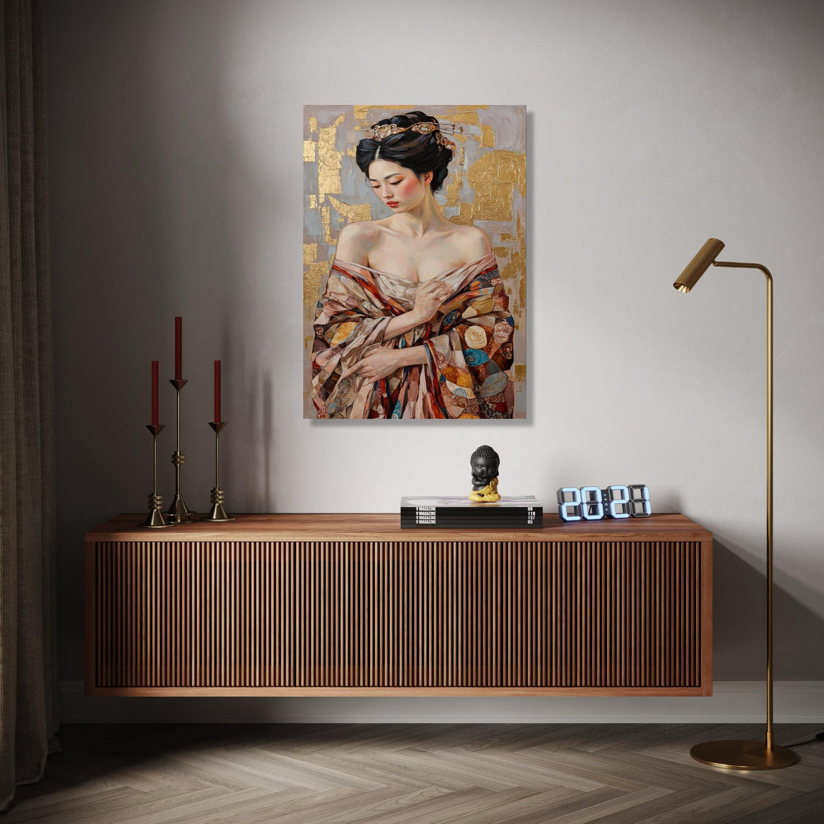 Elegant Asian Woman Portrait Canvas, Gold Leaf Background, Traditional Kimono Wall Art, Feminine Beauty Gift Art, Home Decor, Print