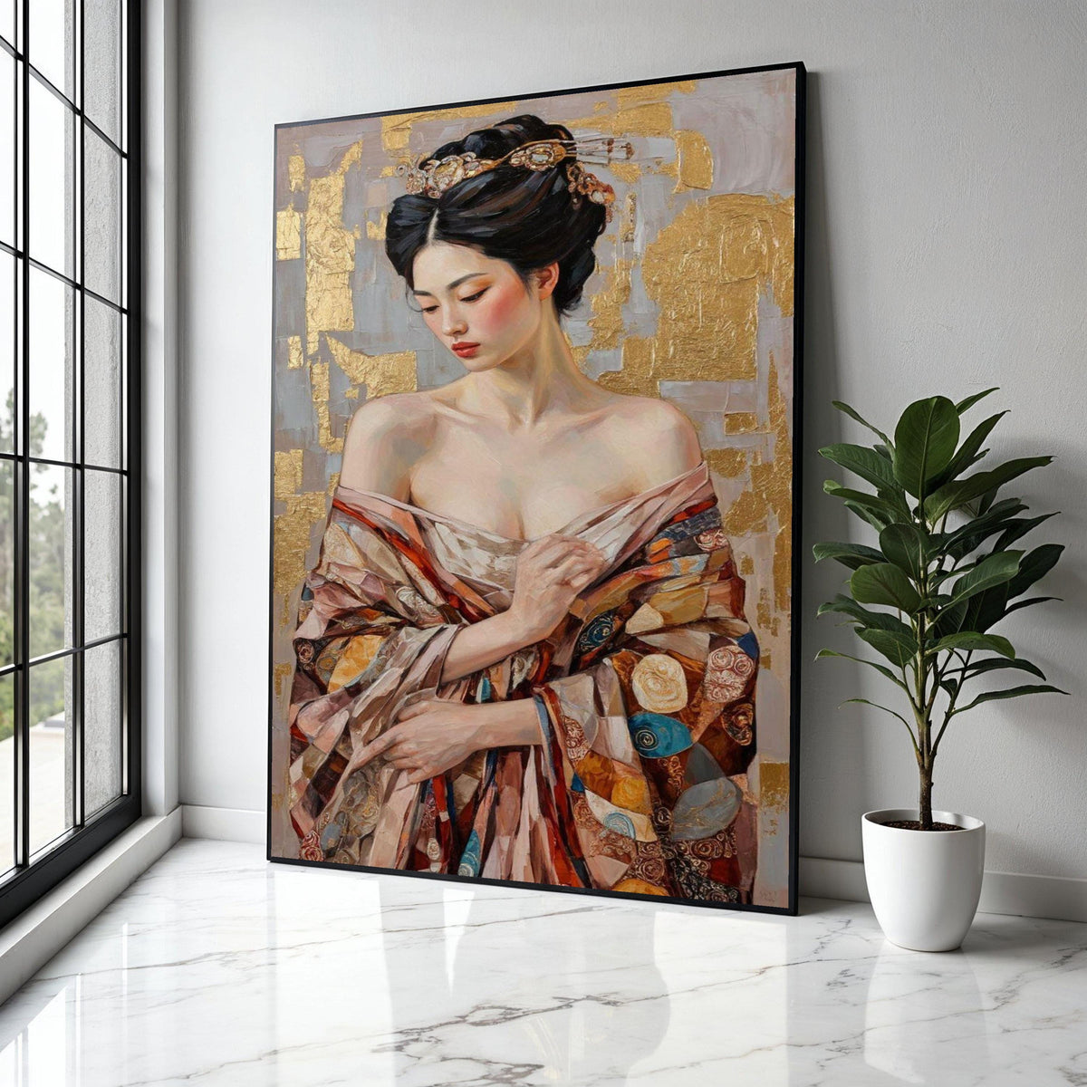 Elegant Asian Woman Portrait Canvas, Gold Leaf Background, Traditional Kimono Wall Art, Feminine Beauty Gift Art, Home Decor, Print