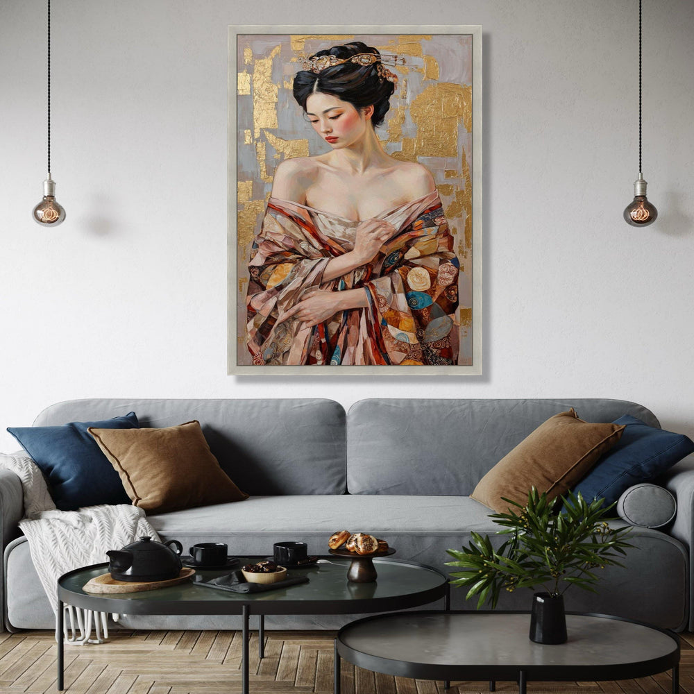 Elegant Asian Woman Portrait Canvas, Gold Leaf Background, Traditional Kimono Wall Art, Feminine Beauty Gift Art, Home Decor, Print