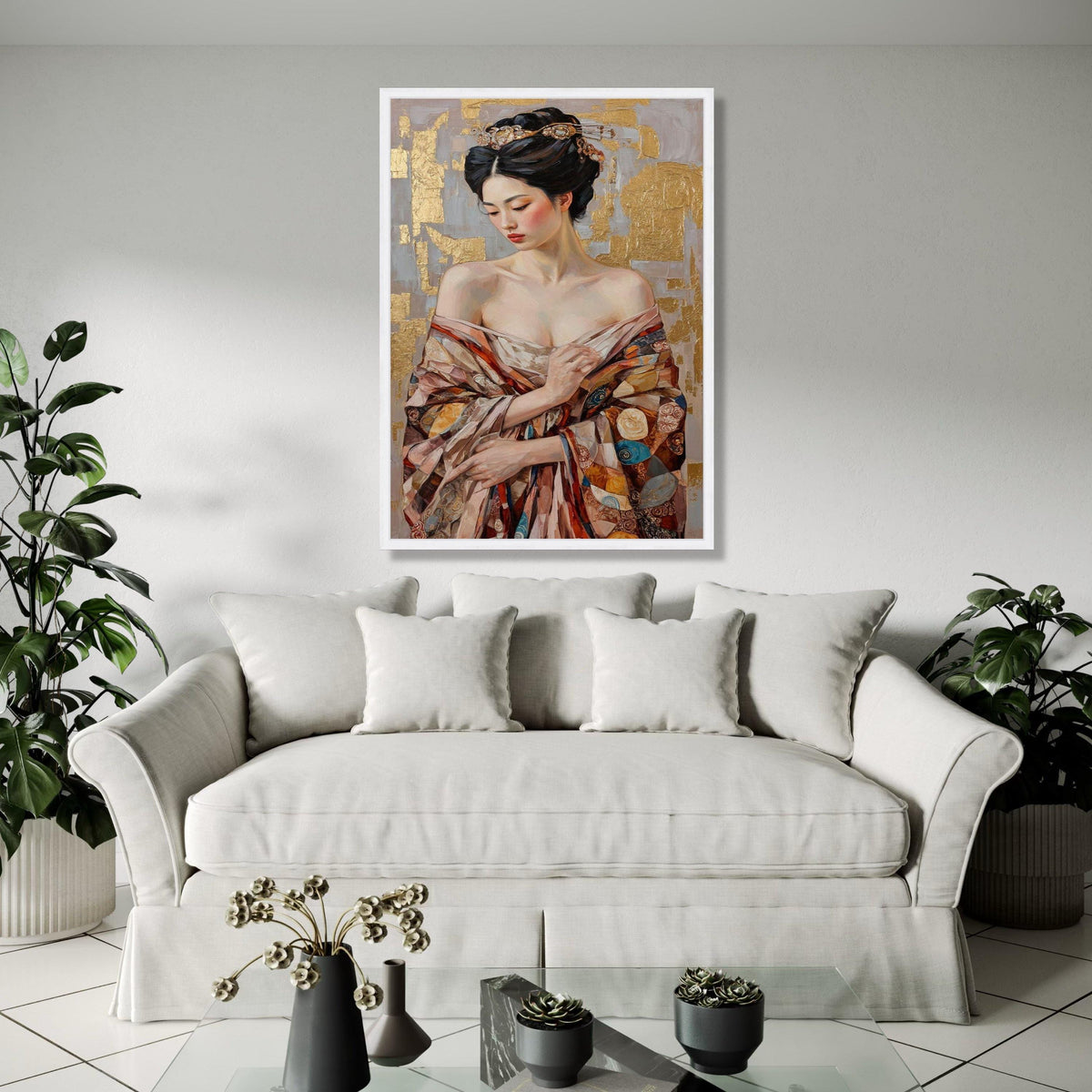 Elegant Asian Woman Portrait Canvas, Gold Leaf Background, Traditional Kimono Wall Art, Feminine Beauty Gift Art, Home Decor, Print