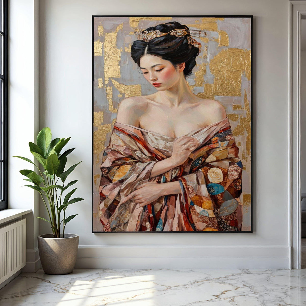 Elegant Asian Woman Portrait Canvas, Gold Leaf Background, Traditional Kimono Wall Art, Feminine Beauty Gift Art, Home Decor, Print