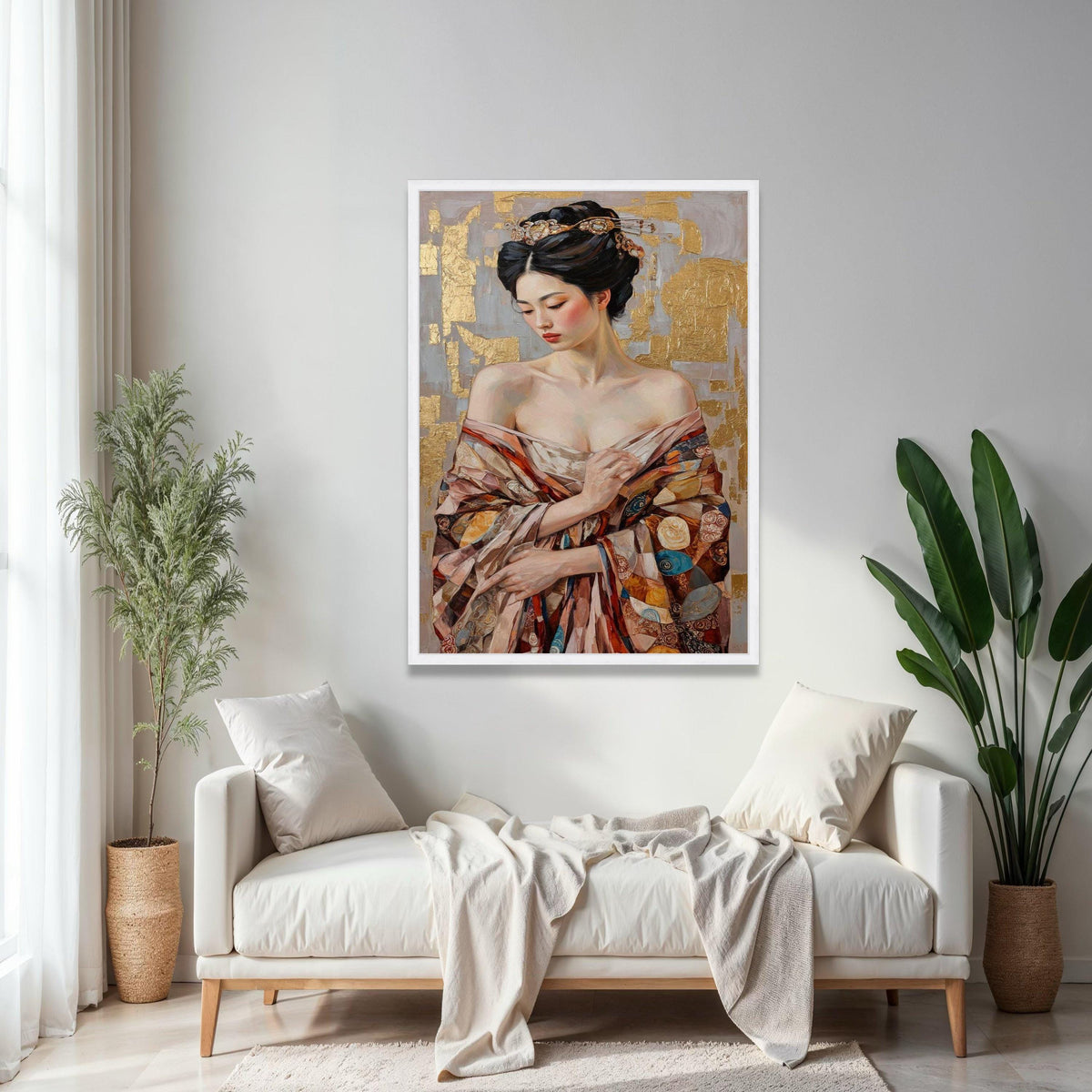 Elegant Asian Woman Portrait Canvas, Gold Leaf Background, Traditional Kimono Wall Art, Feminine Beauty Gift Art, Home Decor, Print