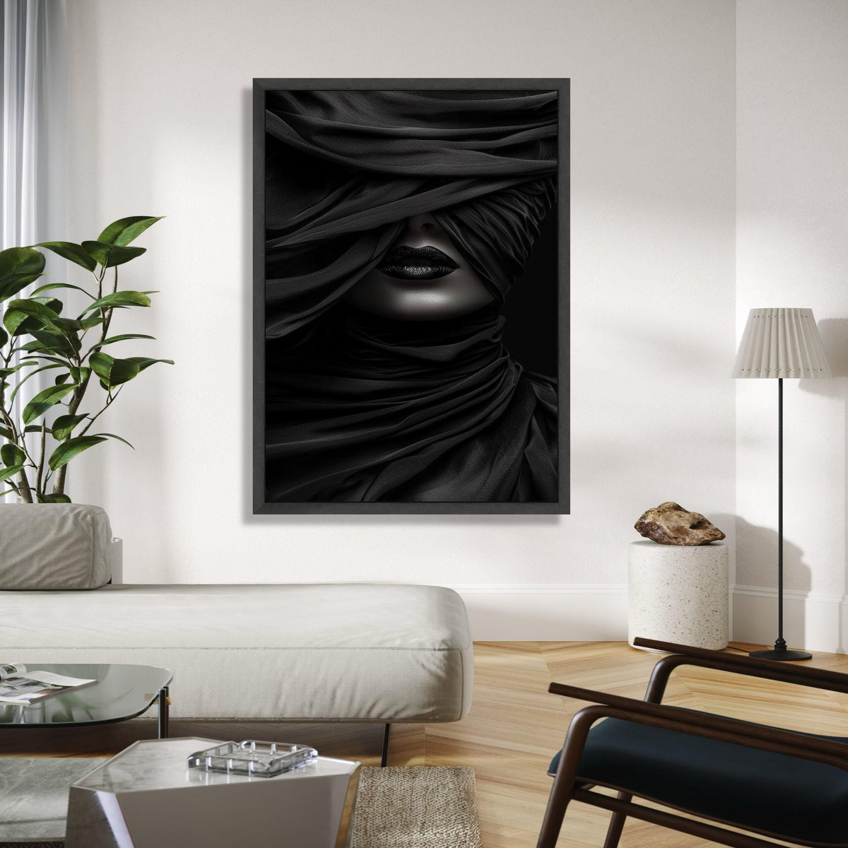 Mysterious Black Veil Portrait Canvas, Abstract Woman Face Art, Dark Glamour Wall Decor, Moody Monochrome Gift Art, Home Decor, Print