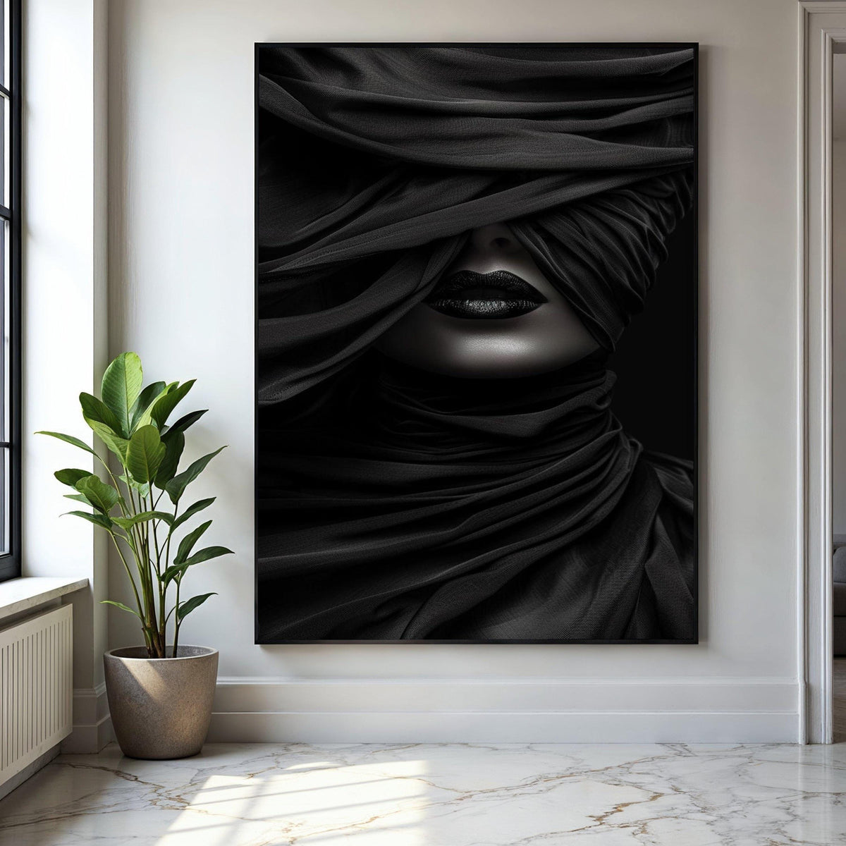 Mysterious Black Veil Portrait Canvas, Abstract Woman Face Art, Dark Glamour Wall Decor, Moody Monochrome Gift Art, Home Decor, Print