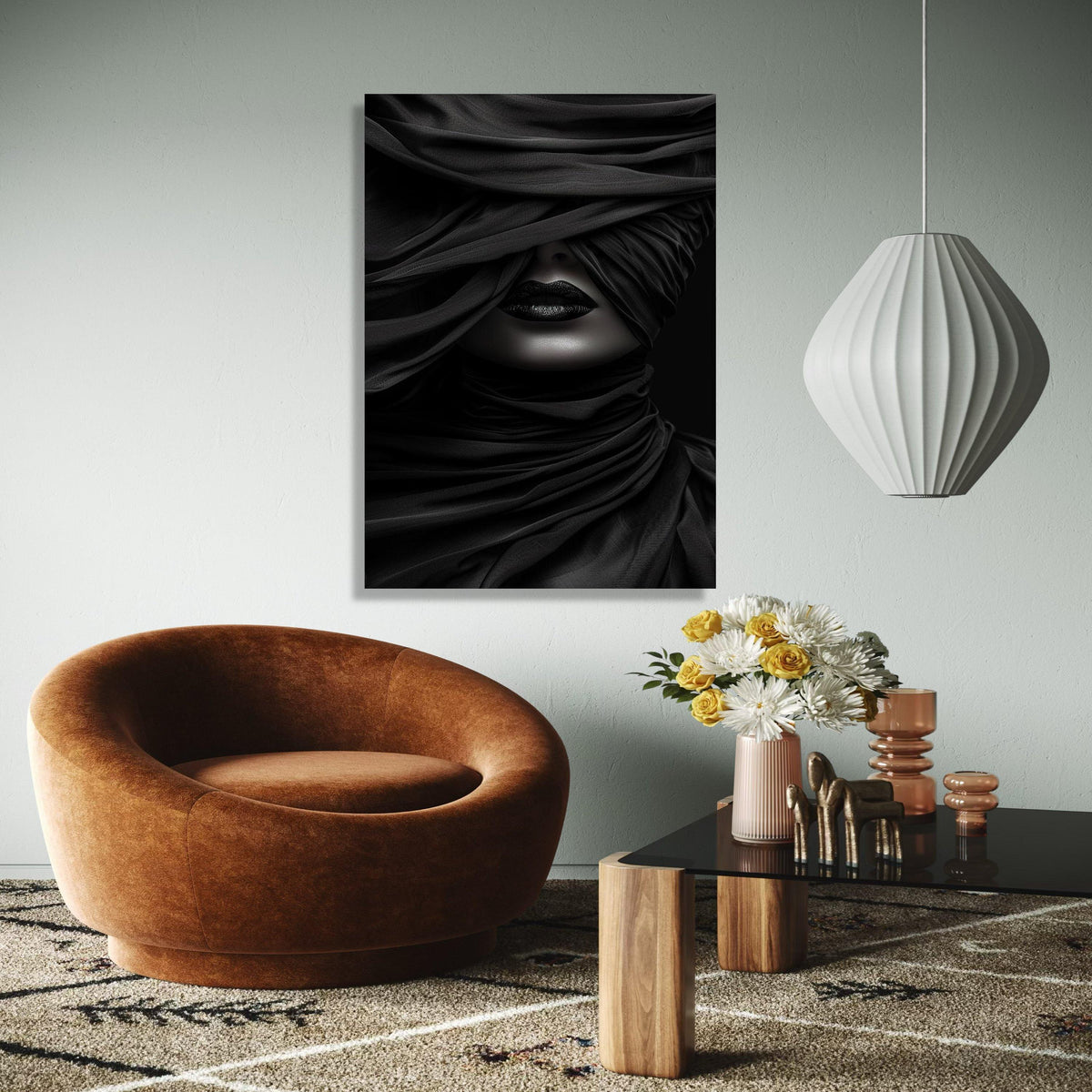 Mysterious Black Veil Portrait Canvas, Abstract Woman Face Art, Dark Glamour Wall Decor, Moody Monochrome Gift Art, Home Decor, Print
