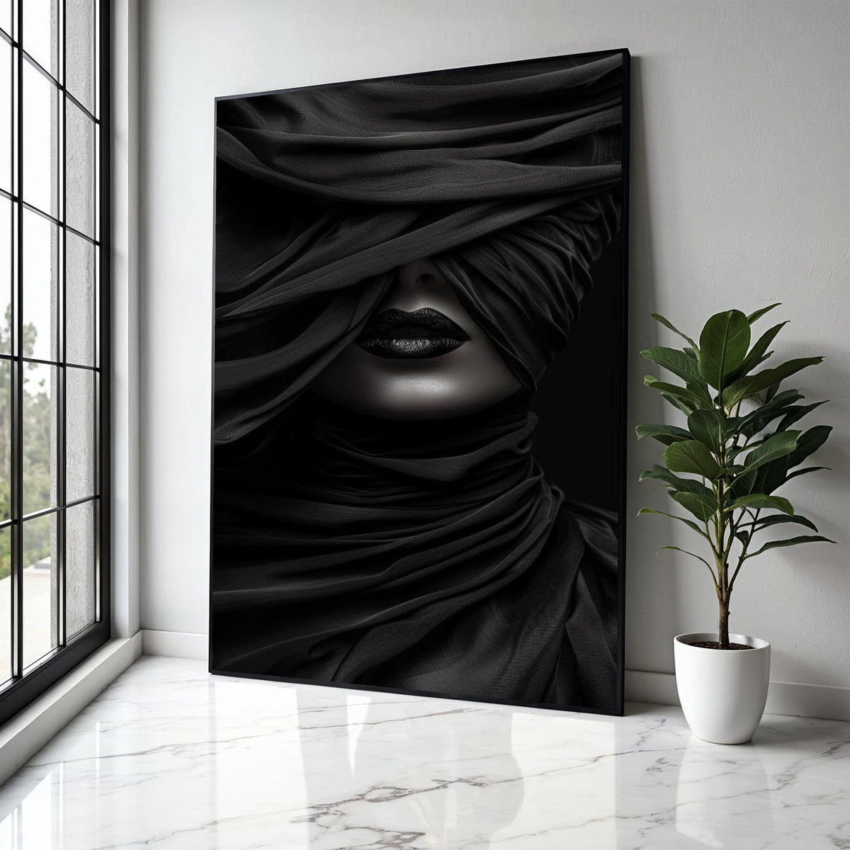 Mysterious Black Veil Portrait Canvas, Abstract Woman Face Art, Dark Glamour Wall Decor, Moody Monochrome Gift Art, Home Decor, Print