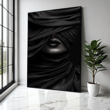 Mysterious Black Veil Portrait Canvas, Abstract Woman Face Art, Dark Glamour Wall Decor, Moody Monochrome Gift Art, Home Decor, Print
