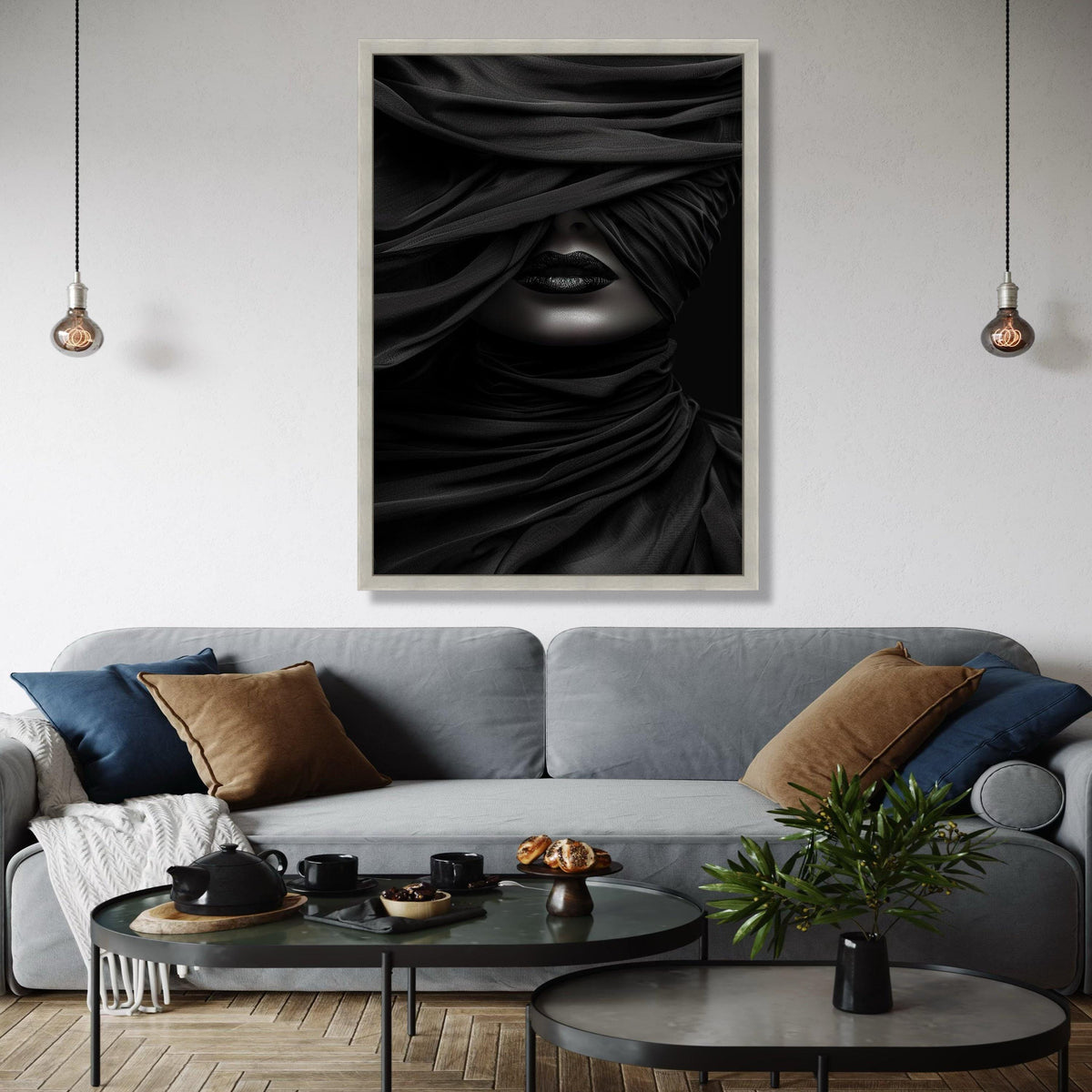 Mysterious Black Veil Portrait Canvas, Abstract Woman Face Art, Dark Glamour Wall Decor, Moody Monochrome Gift Art, Home Decor, Print