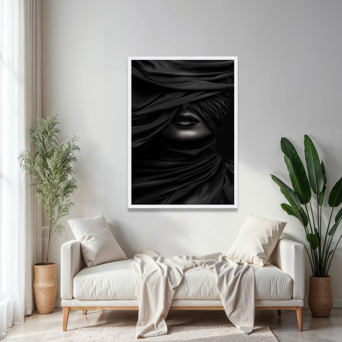Mysterious Black Veil Portrait Canvas, Abstract Woman Face Art, Dark Glamour Wall Decor, Moody Monochrome Gift Art, Home Decor, Print