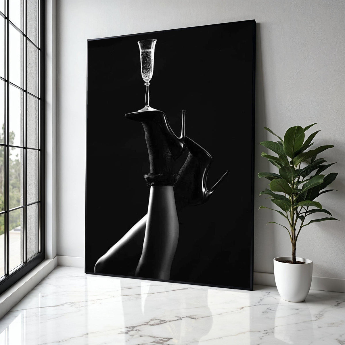 Elegant High Heels with Champagne Glass, Black and White Canvas Wall Art, Modern Glamour Home Décor, Luxury Gift Art, Home Decor, Print