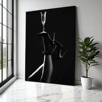 Elegant High Heels with Champagne Glass, Black and White Canvas Wall Art, Modern Glamour Home Décor, Luxury Gift Art, Home Decor, Print