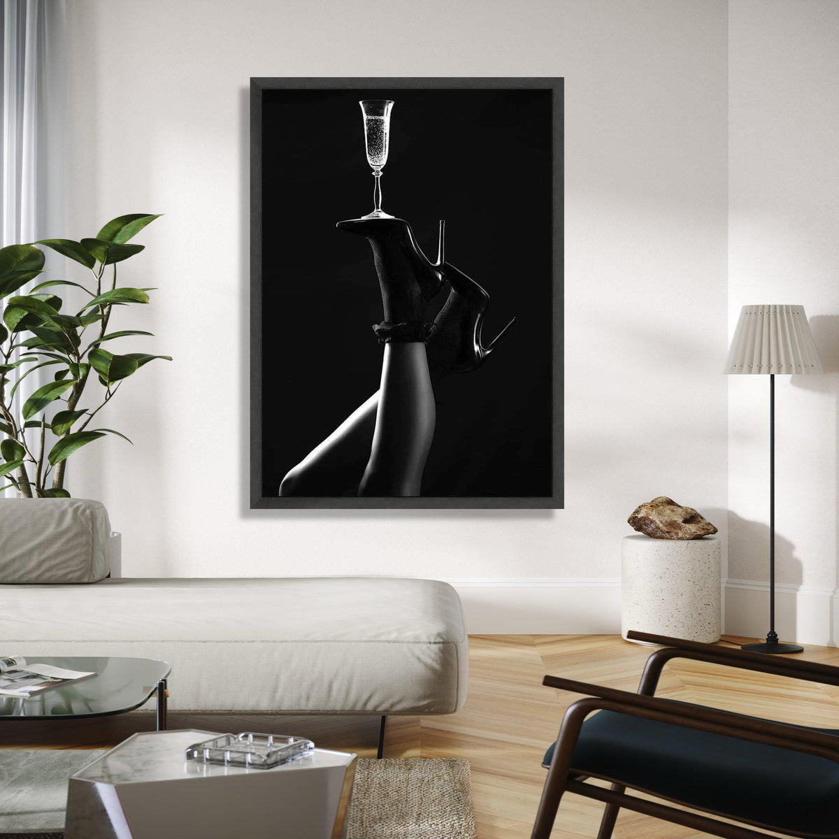 Elegant High Heels with Champagne Glass, Black and White Canvas Wall Art, Modern Glamour Home Décor, Luxury Gift Art, Home Decor, Print