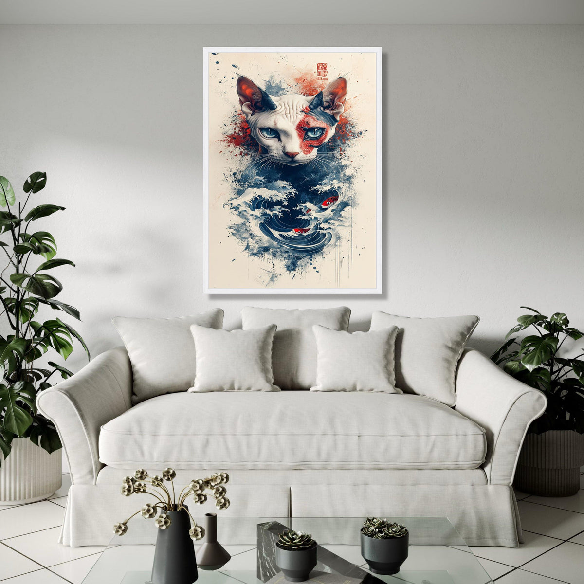 Sphynx Cat with Koi Fish and Ocean Waves Canvas, Japanese Art Inspired Wall Decor, Abstract Pet Portrait, Modern Gift Art, Home Decor, Print