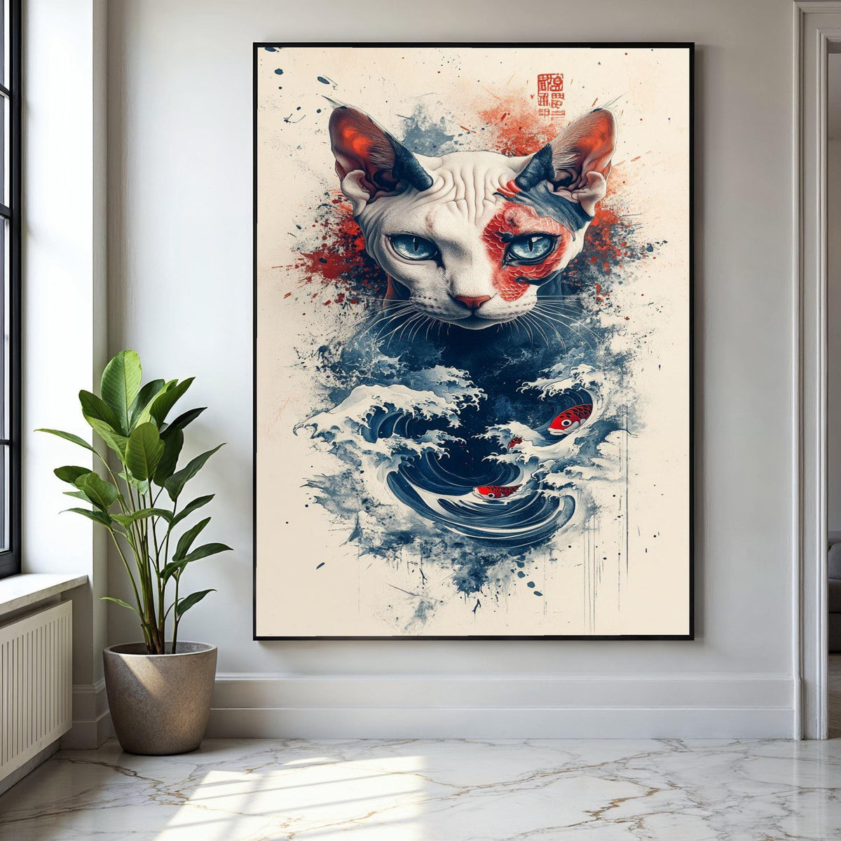 Sphynx Cat with Koi Fish and Ocean Waves Canvas, Japanese Art Inspired Wall Decor, Abstract Pet Portrait, Modern Gift Art, Home Decor, Print