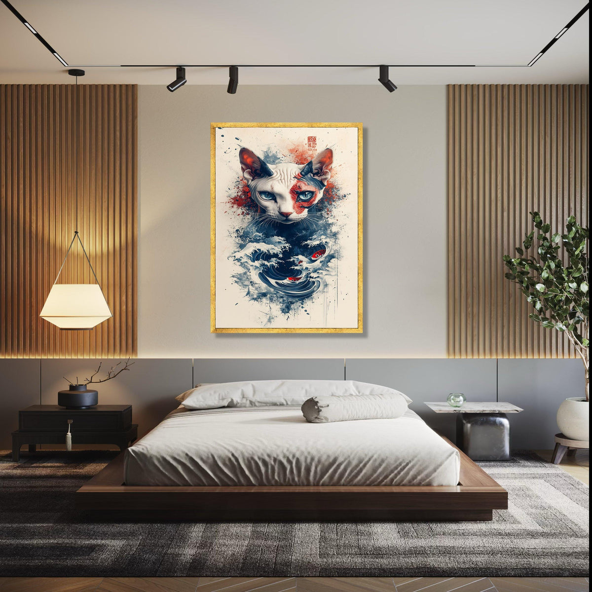 Sphynx Cat with Koi Fish and Ocean Waves Canvas, Japanese Art Inspired Wall Decor, Abstract Pet Portrait, Modern Gift Art, Home Decor, Print